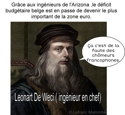 Parodie visuelle représentant De Weverhabillé comme un personnage de la Renaissance, dans le style d’un portrait de Léonard de Vinci. Il porte une longue barbe et un bonnet sombre. Une bulle de dialogue dit : “Ça c’est de la faute des chômeurs francophones.” Au-dessus, un texte évoque le déficit budgétaire belge et des “ingénieurs de l’Arizona”. En dessous, une légende humoristique le nomme “Leonart De Weci (ingénieur en chef)”.