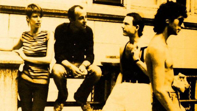 The YouTube thumbnail pic for The League of Gentlemen - Inductive Resonance (Peel Session). l-r Sara Lee, Barry Andrews, Robert Fripp, Johnny Toobad.