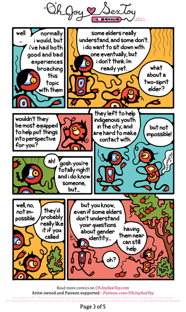 TWO-SPIRIT: well... normally i would, but i've had both good and bad experiences broaching this topic with them. some elders really understand, and soe don't. i do want to sit down with one eventually, but i don't think i' ready yet.   WASKWANE: what about a two-spirit elder? wouldn't they be most equipped to help put things into perspective for you?   TWO-SPIRIT: ah! gosh you're totally right! and i do know someone, but... they left to help indigenous youth in the city, and are hard to ake contact with.   WASKWANE (Stomach continues to grumble "hungryyy"): but not impossible!   TWO-SPIRIT: well, no, not impossible   WASKWANE (finding an apple tree ad proceeding to pick the fruit): they'd probably really like it if you called. but you know, even if some elders don't understand your questions about gender identity... having them ear can still help   TWO-SPIRIT: oh?  