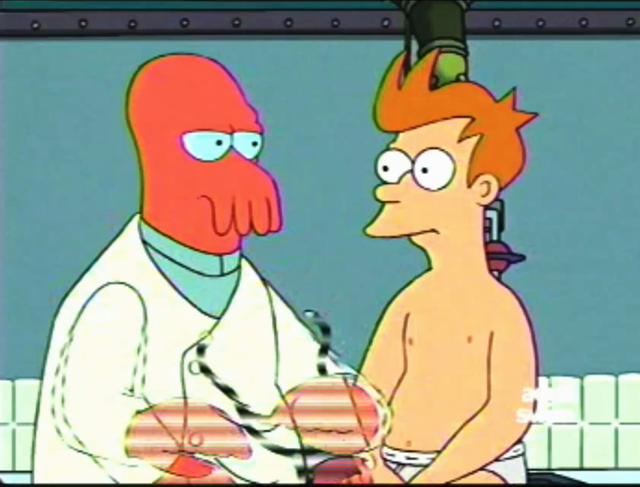 Clip from Futurama episode “parasites lost“
Zoidberg is speaking to fry and says “we’ll have to get a look inside you using this camera” where upon Fry opens his mouth and Zoidberg says: “guess again”