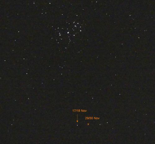 Plejaden und Uranus jetzt - und wo er sich hin bewegt.