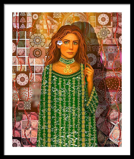 Daughter of Eire Gaelic Muse by Joan Stratton - paintingsbyjoan.com
In Celtic and Gaelic lore, the triskelion (three spirals joined at the centre) represents motion, transformation, and the eternal cycle of life. It’s found carved into ancient stones, woven into tales of goddesses, and whispered through the winds of Éire. Some say it’s the symbol of the Morrigan, the phantom queen who shifts between maiden, mother, and crone.
This piece captures that mythic grace: a red-haired girl, hair like firelight, her green and golden robe like moss and meadow, her gaze steady, her hand gently touching her flame-like strands. Her choker bears the triskelion, and her robe shimmers with vertical golden needle point threads of Celtic spirals, shield knots and the three-sided triquetra. Behind her, a mosaic of symbols and mandalas creates a backdrop of memory and magic.
Part of my DNA Ancestral Series - a visual homage to the women of my lineage, drawn from the regions etched in my genes. Each portrait blends my expressive Ether Art technique with cultural symbols and mythic storytelling, celebrating the beauty, strength, and spirit of my ancestral origins.
Explore more expressive heritage portraits and mythic muses in my gallery at:
https://joan-stratton.pixels.com/collections/women