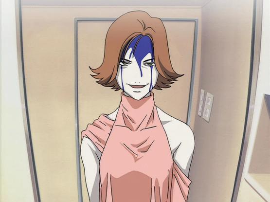 A vision of a Mulian connected with a dolem. The person has a dark expression with blue blood from their forehead.