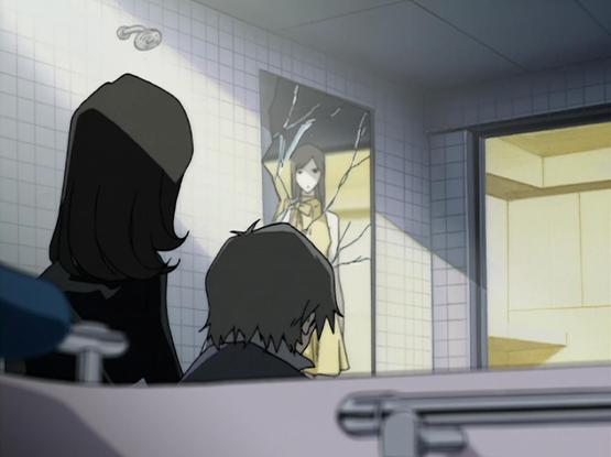 A woman (Maya) holding her "son" (Ayato) while in the mirror is a reflection of a girl (Ixtli) who doesn't exist but is the soul of a mecha.