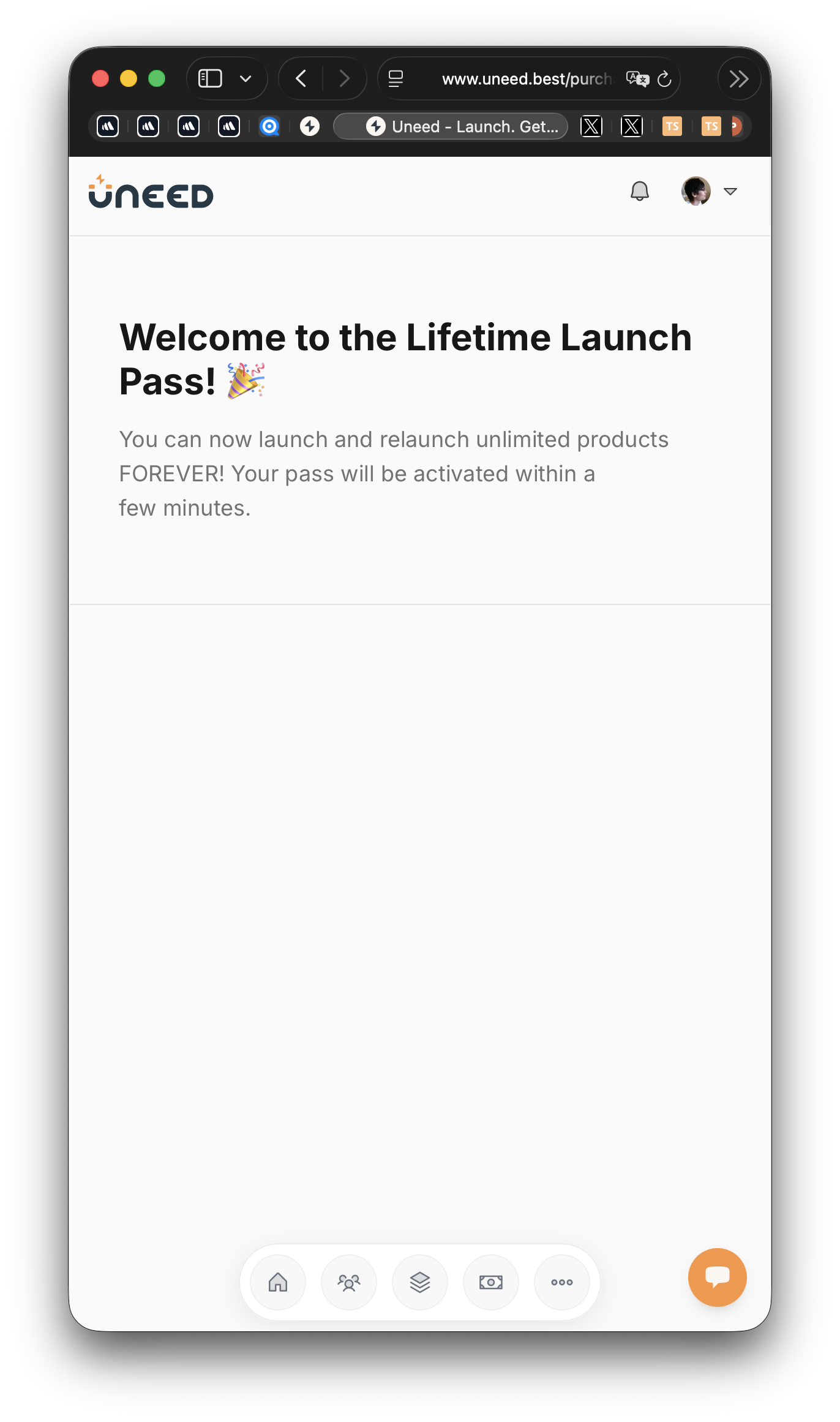 A welcome message for the "Lifetime Launch Pass," for uneed stating users can launch unlimited products forever, with activation within a few minutes.