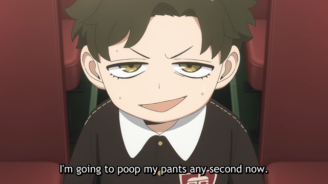 A boy (Damian) with a grin saying, "I'm going to poop my pants any second now."