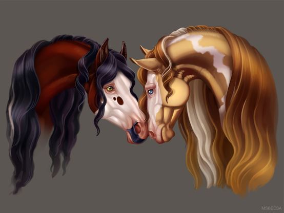 A digital illustration of two horses looking at each other closely and touching their noses. The horse on the left is bay with a white marking on its face, the horse on the right is champagne tobiano.