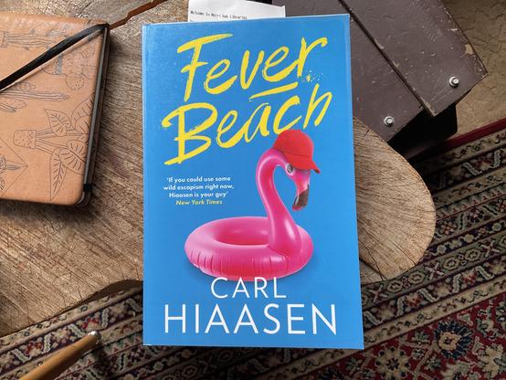 Book cover 
Image bright blue with a pink flamingo like inflated floaty wearing a red cap

Text
FEVER BEACH
Carl Hiaasen 