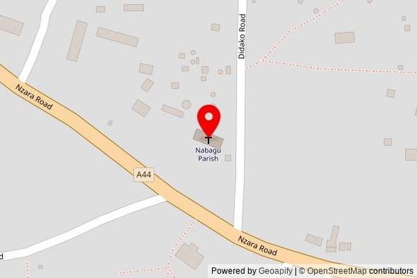 A zoomed out map with a pin at the position of Nabagu Parish, Yambio-Nzara Road, Nzara, South Sudan