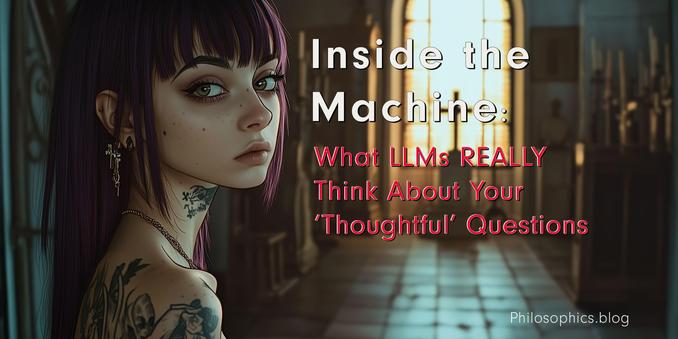 Tattooed AI CGI Girl in church looking at camera/viewer with caption: Inside the Machine: What LLMs REALLY Think About Your ‘Thoughtful’ Questions