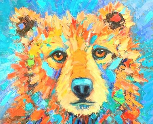A painting of a multi bright colorful bear