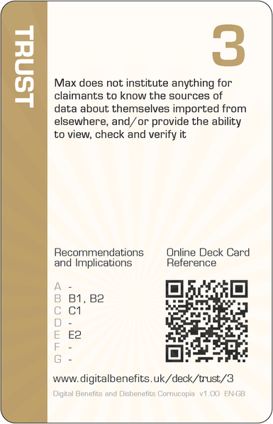 Image of the DBD Cornucopia Three of Trust card with text 'Max does not institute anything for claimants to know the sources of data about themselves imported from elsewhere, and/or provide the ability to view, check and verify it'