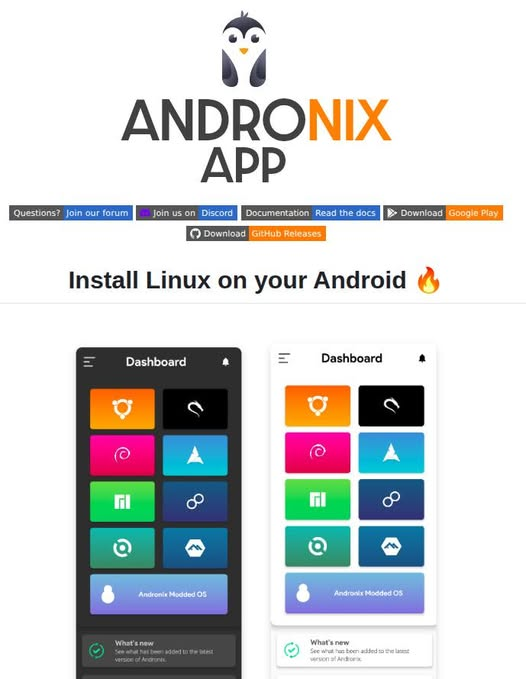 A screenshot of GIT repo page that read "Install Linux on your Android" and showing the ANDRONIX app's UI.