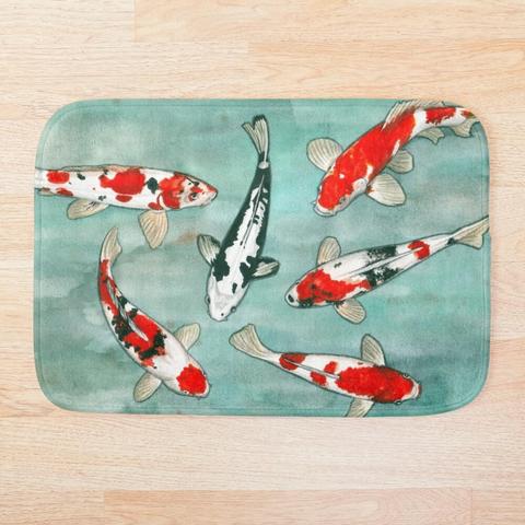 Impression sur tapis de bain d'une aquarelle intitulée "Le ballet des carpe koï"