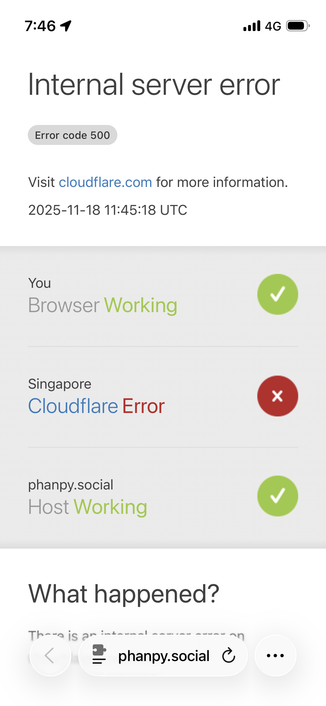 Screenshot of Phanpy.social on Mobile Safari, showing Cloudflare’s Internal server error page