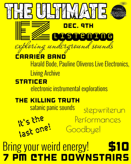 Poster for the show. The poster is black text on yellow background. At the top of the poster the text "THE ULTIMATE" is large and rendered in a fun marble font with thick border. The performers & location are listed. 