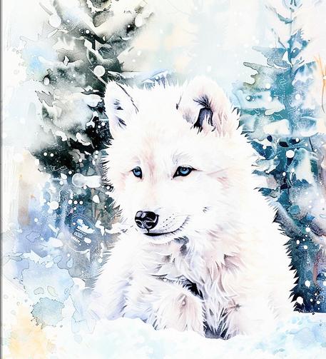 A painting of a beautiful white wolf cub sitting in a snowy scene 