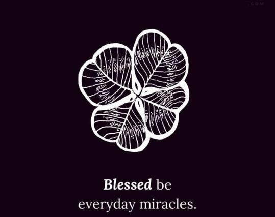Drawing of white four leaf clover on a black background, and underneath is written "blessed be everyday miracles"