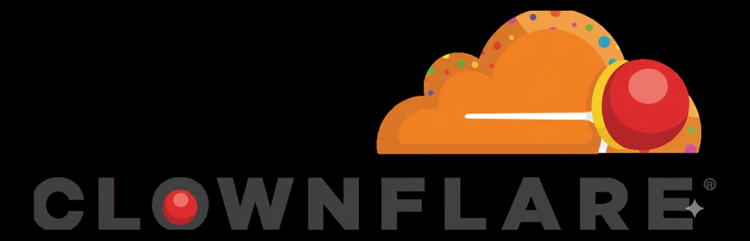 A parody Cloudflare logo with sprinkles and a clown nose and the title Clownflare