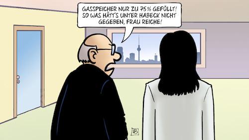 Ein Mann sagt zu Frau Reiche: "Gasspeicher Nur zu 75% gefüllt! So was hätts unter Habeck nicht gegeben, Frau Reiche!"
