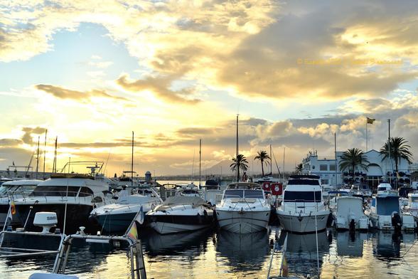 Varias embarcaciones de recreo atracadas en el puerto bajo un cielo con cierta nubosidad donde se aprecia la luz dorada del atardecer.