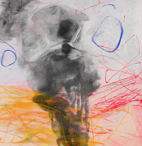 This abstract composition feels simultaneously chaotic and contemplative — a balance of smudged forms and energetic linework. At the center, a dark, smoky black mass rises vertically, its edges diffused like charcoal or soot spreading across the surface. This dark shape contrasts sharply against the pale, textured background of off-white and soft gray. Surrounding it, bright red and yellow scribbles sweep across the lower half, infusing the scene with kinetic tension. Loosely drawn blue loops appear near the top and right, their clean curvature offsetting the roughness of the darker areas. The overall rhythm of the piece feels improvisational — like thought, emotion, or energy captured in raw motion.