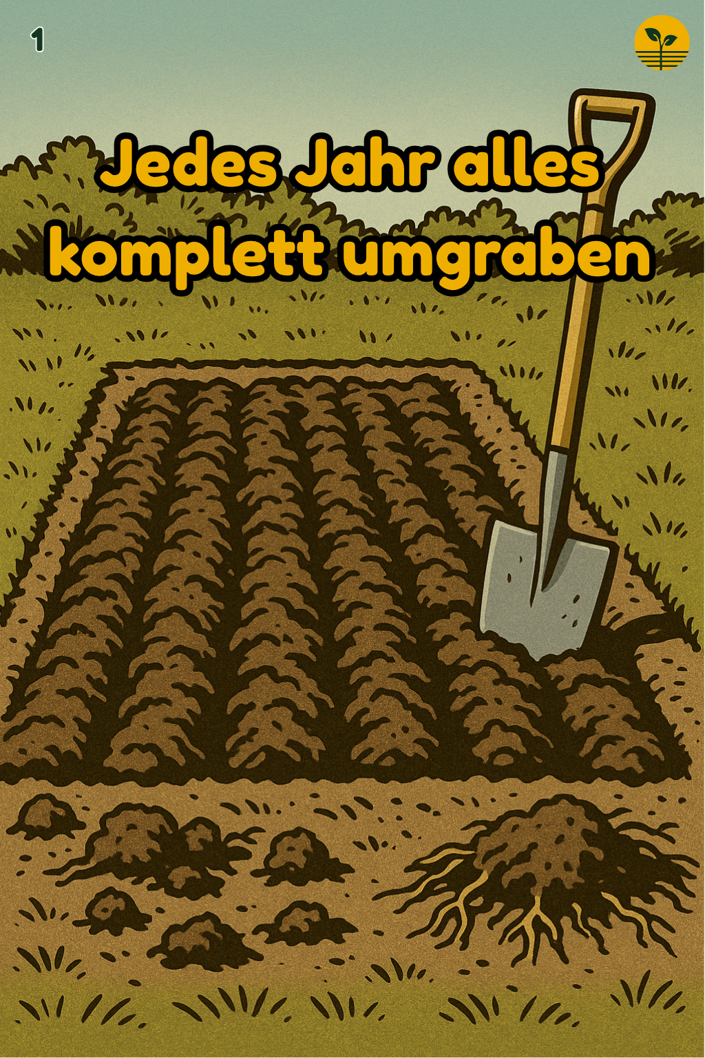 Frisch umgegrabenes Gemüsebeet mit tiefen Furchen, Spaten im nackten Boden, Pflanzenreste am Rand, oben freier Himmel