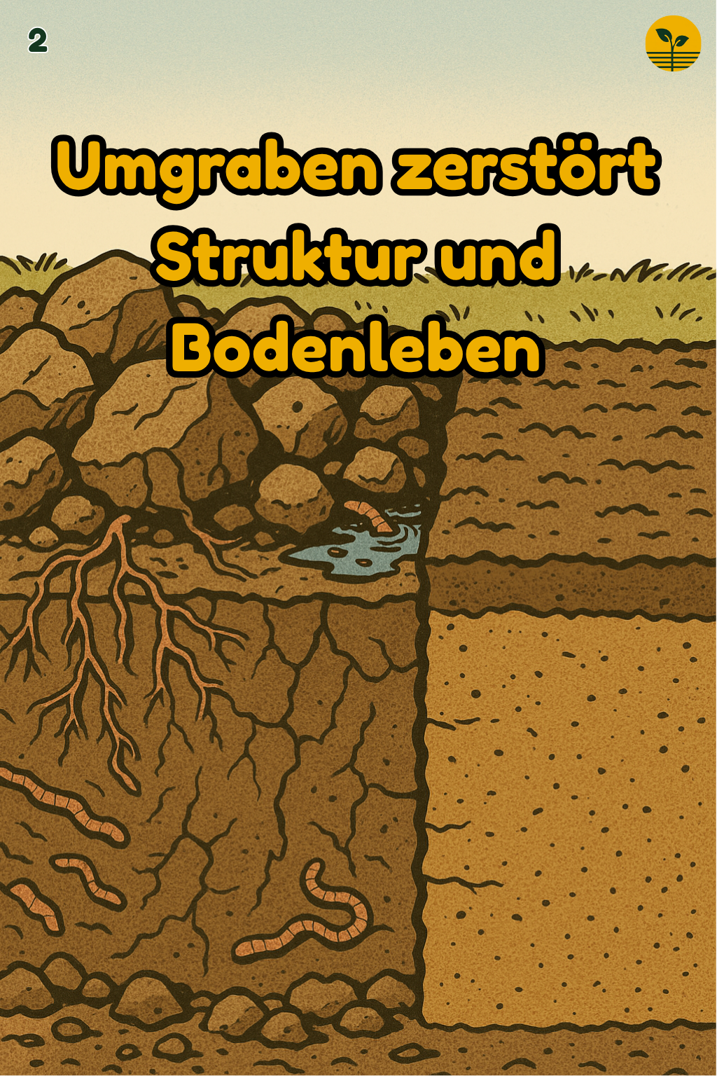 Querschnitt eines Beetes mit zerstörter Bodenstruktur, Rissen, Pfützen und gestörten Wurzelkanälen, oben freier Rand