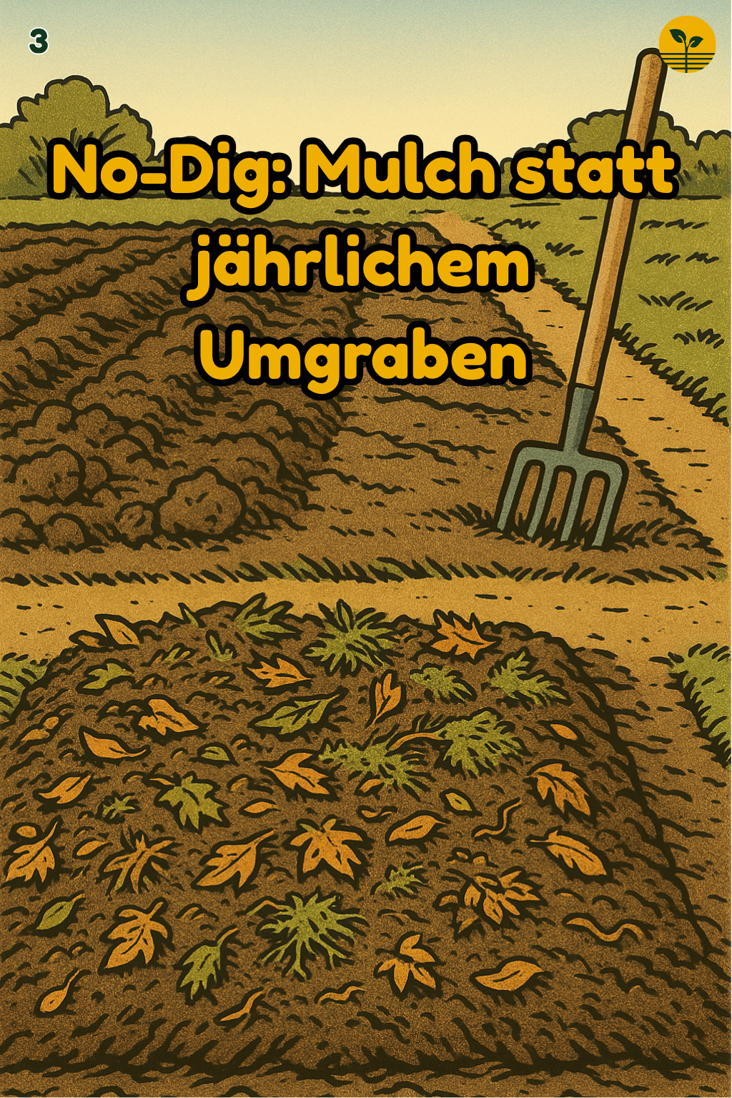 No-Dig-Beet mit Mulchschicht aus Laub und Kompost, klare Wege und Grabegabel am Rand, oben freier Streifen