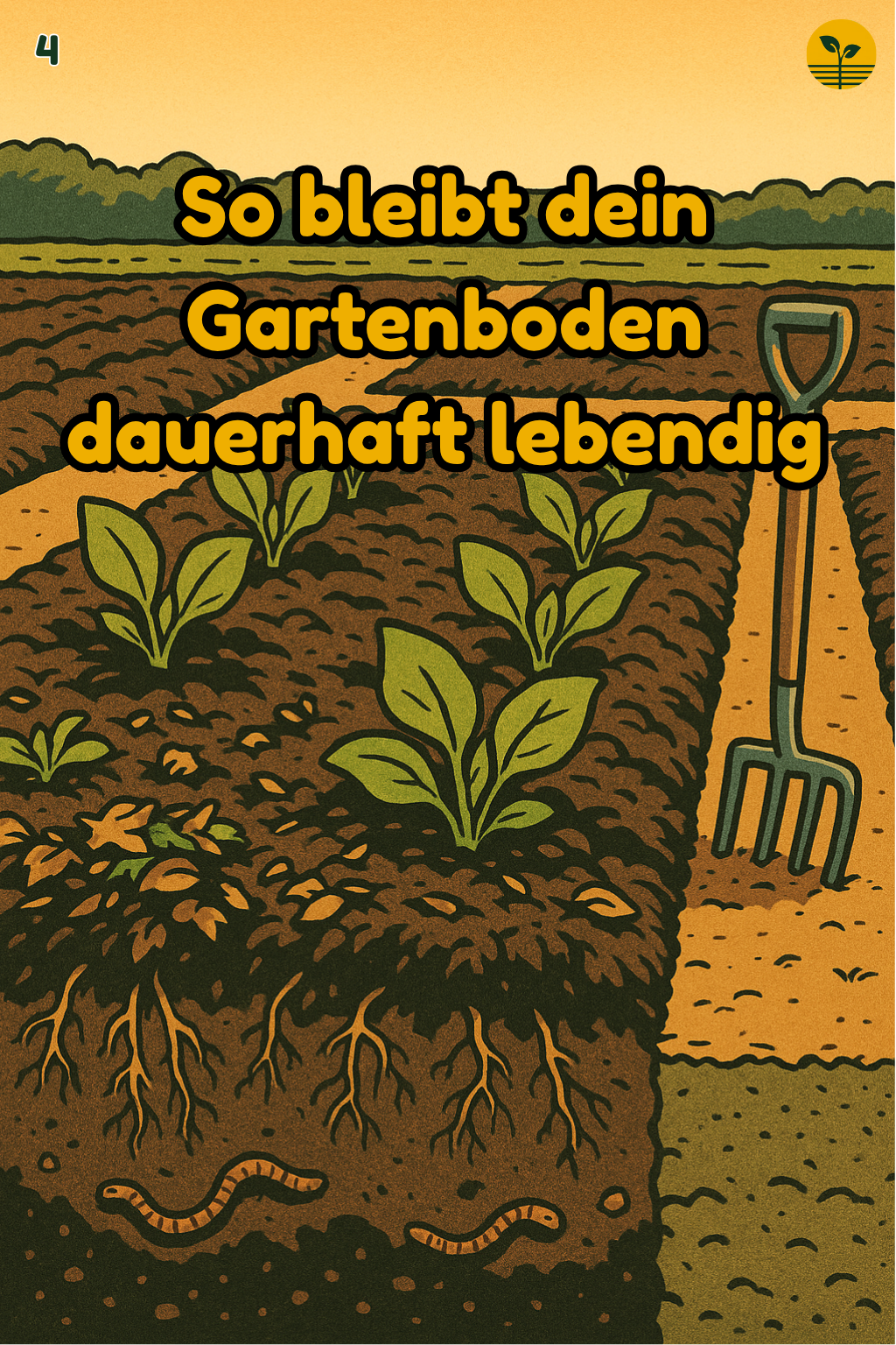 No-Dig-Frühjahrsbeet mit kräftigen Jungpflanzen in gemulchter Erde, Regenwürmer angedeutet, oben ruhiger Himmelstreifen