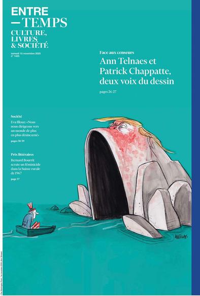 Book review in Swiss newspaper Le Temps
For french speaking readers
ANN TELNAES

Image “Uncle Sam” in a boat floats into the “haunted looking” cave of POTUS Donald Trump ‘S mouth

