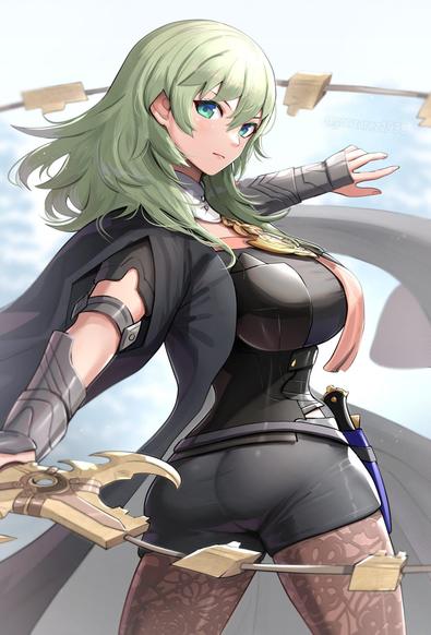 This 2023 fanart by Japanese illustrator @gonzarez1938 depicts Female Byleth from Fire Emblem: Three Houses in a fierce pose wielding the Sword of the Creator, with refined details on her green hair, emerald eyes, and black-gold armor emphasizing her confident demeanor