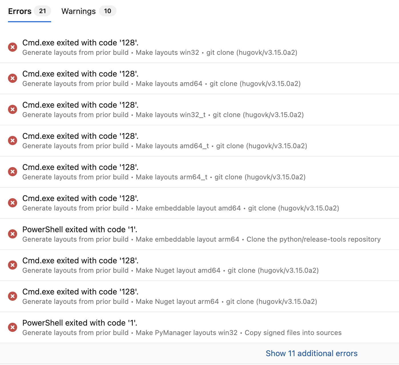 21 Windows installer build errors caused by 500 internal server error on git clone/