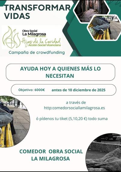Cartel de crowdfunding de la obra social La Milagrosa (Calle Antonio Domínguez Alfonso, al lado de la Calle La Noria). También indica una web a través de la cual puede une llamar para apuntarse a ayudar físicamente.