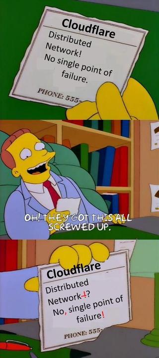 Simpsons meme

Distributed network?
No, single point of failure!