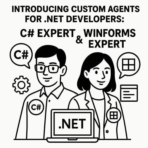 A black and white line art drawing illustrating the theme of this post. It incorporates a male and female figures as purported C# programming language and Windows Forms experts. Sitting in the bottom of the composition is a laptop with the text ".NET" on the screen. The image was generated using ChatGPT 4o.