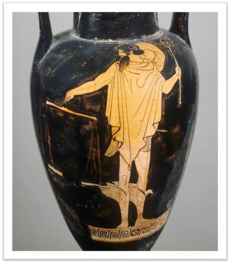 Athenian red-figure amphora depicting the god Hermes weighing souls (psychostasis). In Book 5 of the Odyssey, Hermes, messenger of the gods, is sent to tell the nymph Kalypso to allow Odysseus to leave so he can return home after several years of being detained on the island of Ogygia. Hermes is also known as the god of boundaries, and as such he is Psychopompos, or “soul-guide”: He leads the souls of the dead to the house of Hades. In a sense, Odysseus is dead, imprisoned on an island in the m…