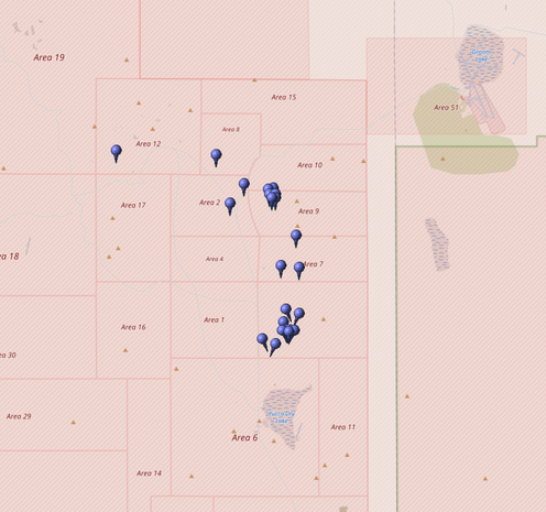 Kartierung aller Koordinaten von "Operation Emery (Atomtest)" im Testgebiet Nevada Test Site (NTS)
Quelle: OpenStreetMap
Lizenz: Open Data Commons Open Database-Lizenz (ODbL)