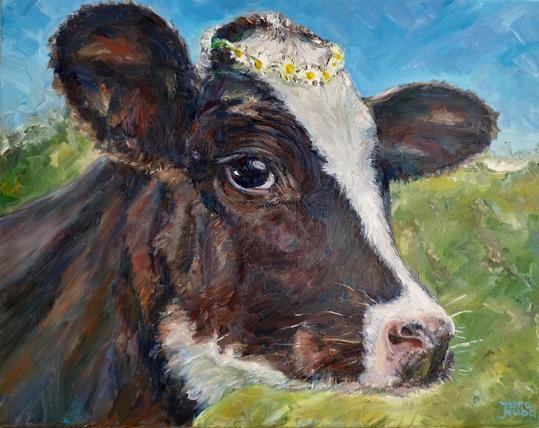Portrait of a beautiful Holstein-Friesian cow calf with a chamomile wrath on her head. Cute animal painting by Jura Kuba Art for sale. Oil stretched on canvas, 50 x 40 cm, ready to hang.
