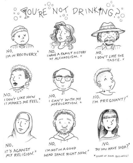 Cartoon. Several different people give different reasons, why they do not drink alcohol (religion, health, pregnancy, taste and more). And a footnote for every statement says, *None of your business!