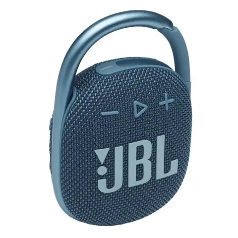 Enceinte Bluetooth JBL Clip 4 ultra-portable bleu avec mousqueton intégré, design robuste IP67 et son JBL Pro puissant.