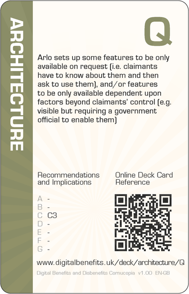 Image of the DBD Cornucopia Queen of Architecture card with text 'Arlo sets up some features to be only available on request (i.e. claimants have to know about them and then ask to use them), and/or features to be only available dependent upon factors beyond claimants' control (e.g. visible but requiring a government official to enable them)'