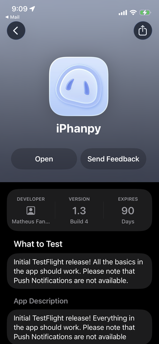 Screenshot of an iPhone TestFlight app page for "iPhanpy," showing the app icon, Open and Send Feedback buttons, developer name, version 1.3 Build 4, 90 days until expiration, and release notes about an initial TestFlight release with push notifications unavailable.