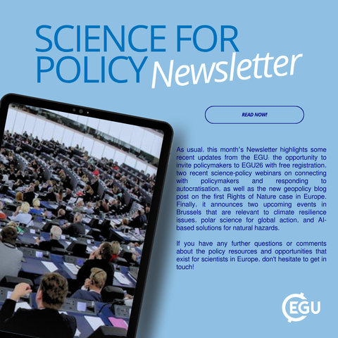 Image description: Digital tablet displaying attendees during a conference, with text reading: " As usual, this month’s Newsletter highlights some recent updates from the EGU: the opportunity to invite policymakers to EGU26 with free registration, two recent science-policy webinars on connecting with policymakers and responding to autocratisation, as well as the new geopolicy blog post on the first Rights of Nature case in Europe. Finally, it announces two upcoming events in Brussels that are relevant to climate resilience issues, polar science for global action, and AI-based solutions for natural hazards.