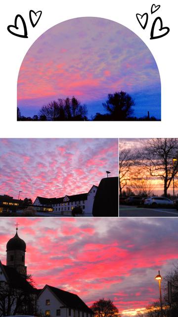 Eine Collage mit vier Bildern. Zu sehen ist ein Himmel mit rosa Wölkchen. Und ein goldener Abendhimmel durch kahle Bäume. Die Klosterkirche hebt sich scharf vom Himmel ab. Über dem alten Spitalteil schweben kleine Wolken in rosarot. 