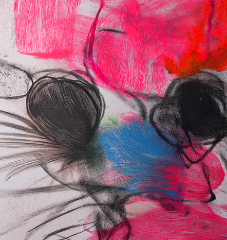This expressive abstract piece combines loose charcoal-like sketching with bold, painterly gestures of color. Hot pink and crimson dominate the upper half, radiating energy and motion, while deep black circular forms anchor the composition below. A vivid patch of cobalt blue emerges near the center, providing a cool contrast against the surrounding warmth. The strokes are vigorous and impulsive, blending rough texture with soft smudges that create a feeling of rhythm and depth. The layering of graphite-style lines over color makes it feel almost like a sketch in motion — as if the artist captured the energy of a fleeting thought.
