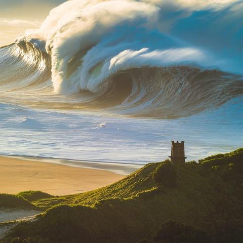 An illustration of a large wave on beach