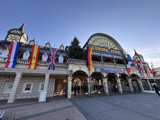 Park entrance, decorated with European country pennants.