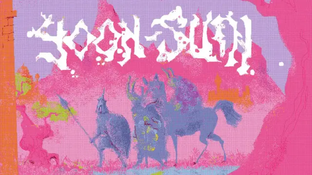 Official cover art for Yoon-Suin second edition, featuring stylized art of two adventurers wandering in a psychedelic pastel colored wasteland.