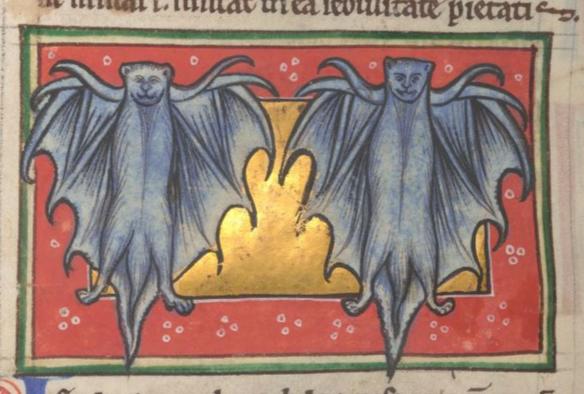 In a green rectangular frame on a manuscript page, against a red and gilt background, two smiling blue-grey bats with outspread wings are hanging out together. Their wings look like elaborate tentacled cloaks and appear to be ribbed. Both bats' hindpaws extend outside of the wings but their long tails are tucked within the bottom point of the wings. Neither bat appears to have any sort of arm and the wings appear to attach somewhere behind their bodies. The bat on the right appears to have small fangs while the one on the left has a teddy bear face. Image from Morgan Library, MS M.81 (The Worksop Bestiary), folio 54v.